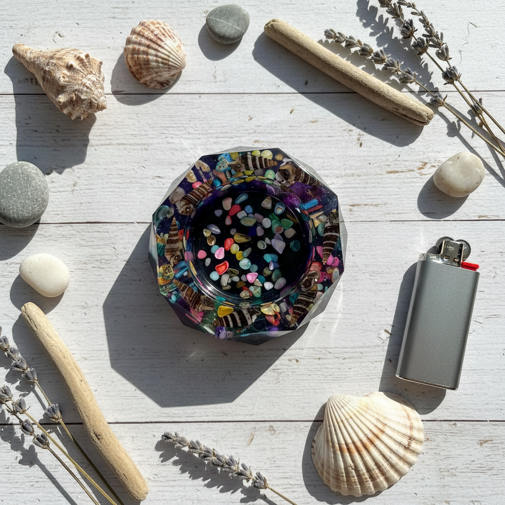 Overhead flat lay of handmade faceted octagonal epoxy resin ashtray with dark iridescent purple and teal base and embedded seashells and colored stones on sandy surface, styled with seashells, driftwood, and coastal botanicals