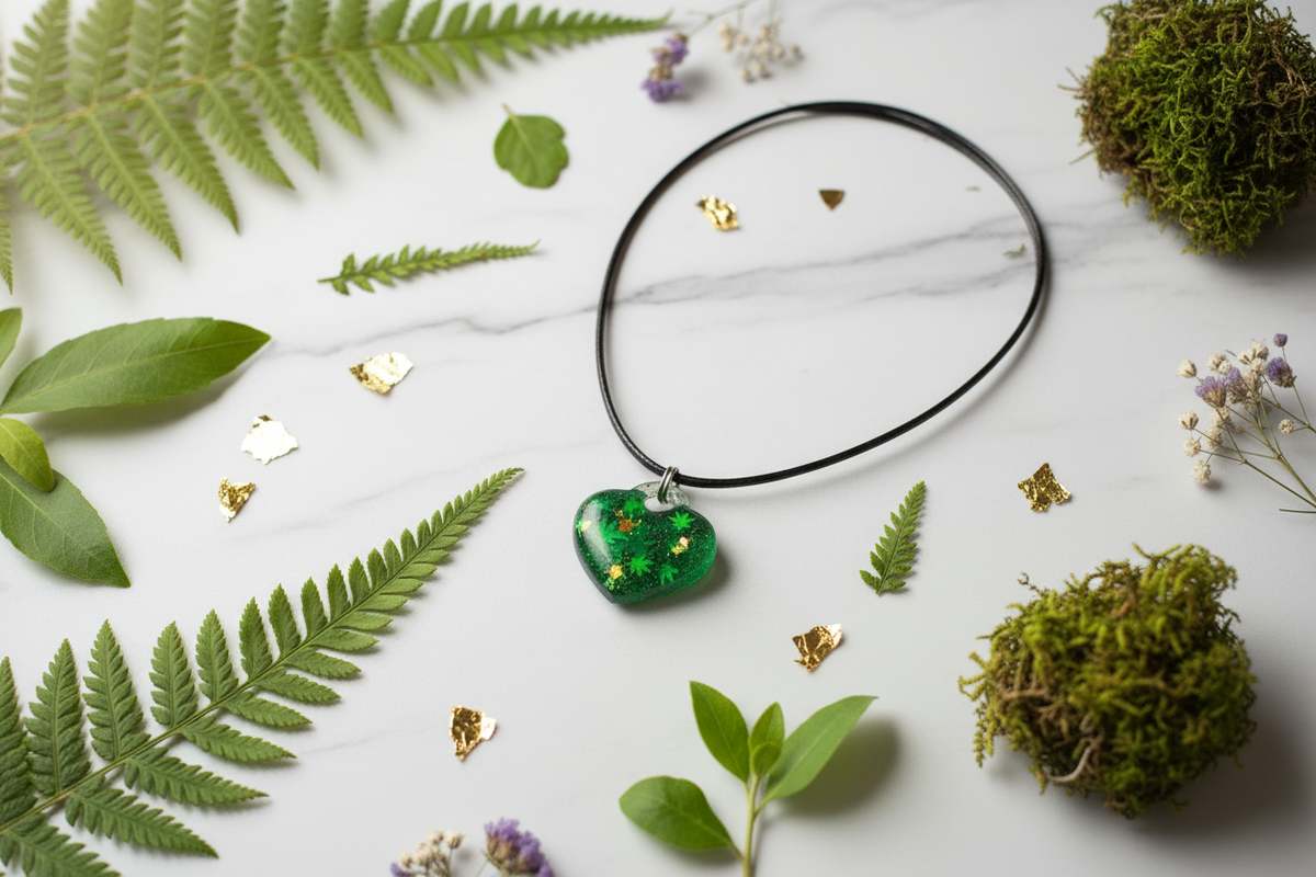 Handmade deep emerald green epoxy resin heart pendant necklace with gold and green leaf confetti inclusions on black wax cord, arranged in flat lay on white marble surface surrounded by scattered fern fronds, green leaves, gold leaf confetti, and tiny dried flowers in bright natural daylight