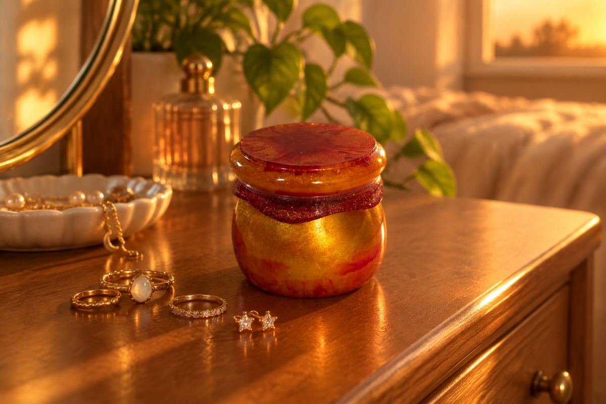 Rusted orange resin pudding trinket jar on a wooden dresser at golden hour with jewelry nearby