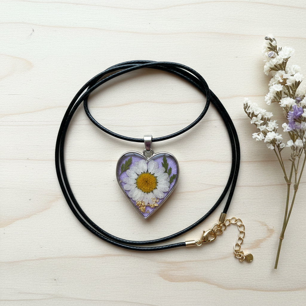 Lavender daisy heart pendant necklace with silver frame and black cord shown flat on light wood with dried flowers