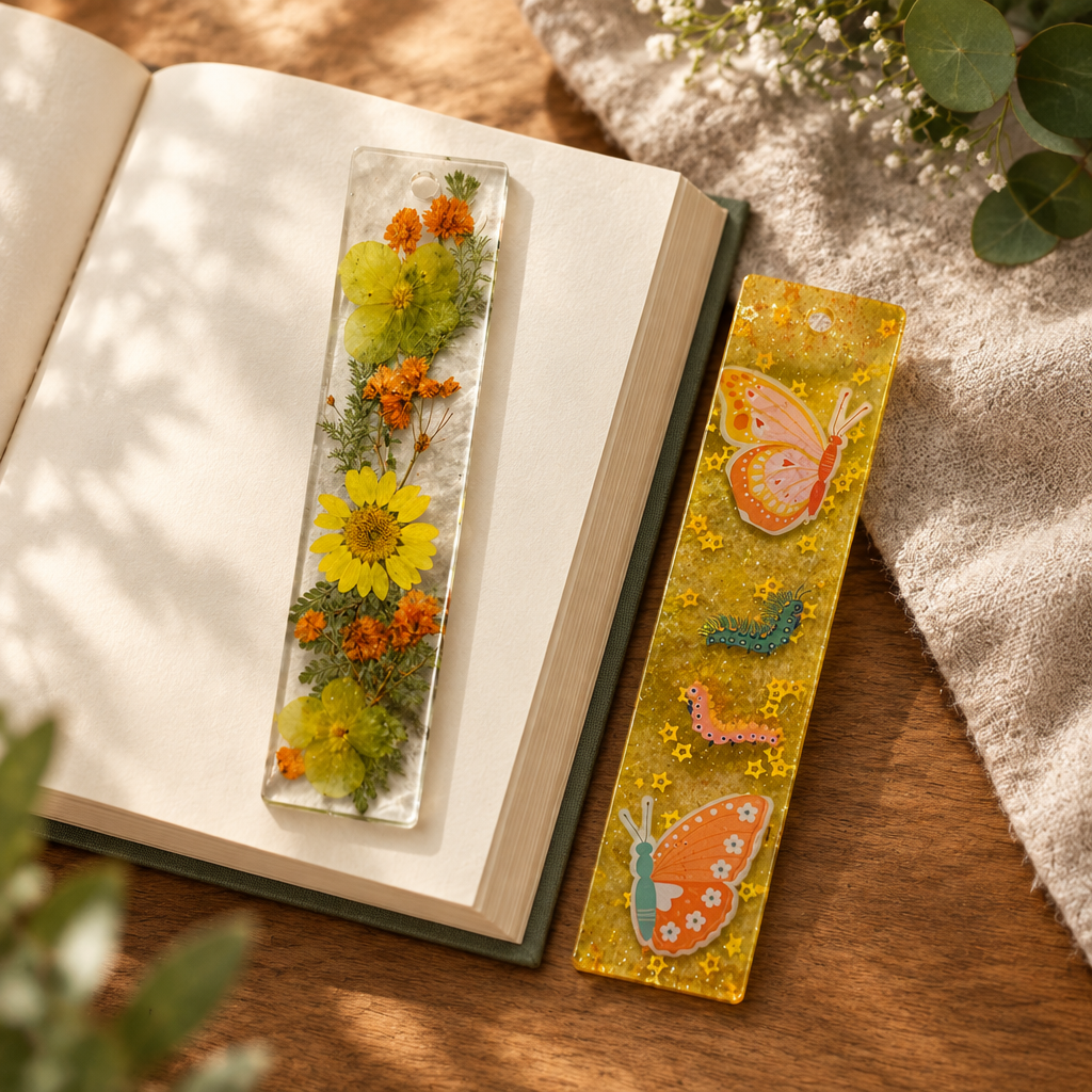 Botanical bookmarks styled beside an open book in a cozy reading scene