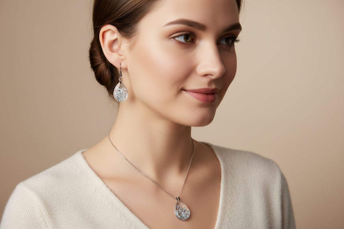 Model wearing a handmade silver foil teardrop pendant necklace and matching dangly fishhook earrings, one earring visible on each ear