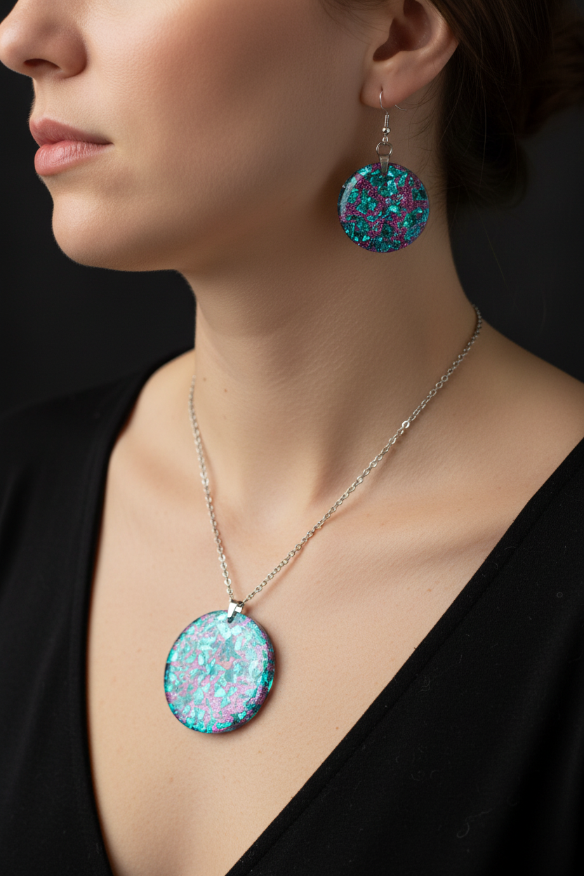 Lifestyle photo of woman wearing handmade teal and pink mosaic resin jewelry set — circular pendant necklace on silver chain at collarbone and matching circular dangle earrings, both with reflective teal holographic foil and pink glitter mosaic effect