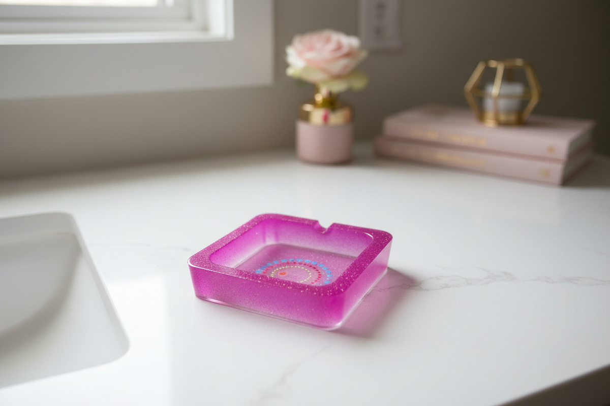 Handmade square fuchsia pink glitter resin ashtray with raised edges, a single top-center notch, and a blue, red, and gold concentric mandala dot design displayed on a light countertop
