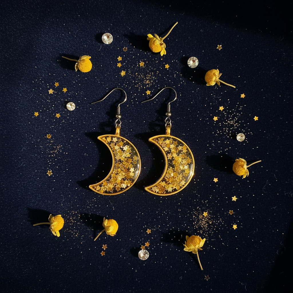 Celestial flat lay of handmade gold crescent moon resin dangle earrings on navy velvet surrounded by gold star confetti, dried yellow flowers, and crystals