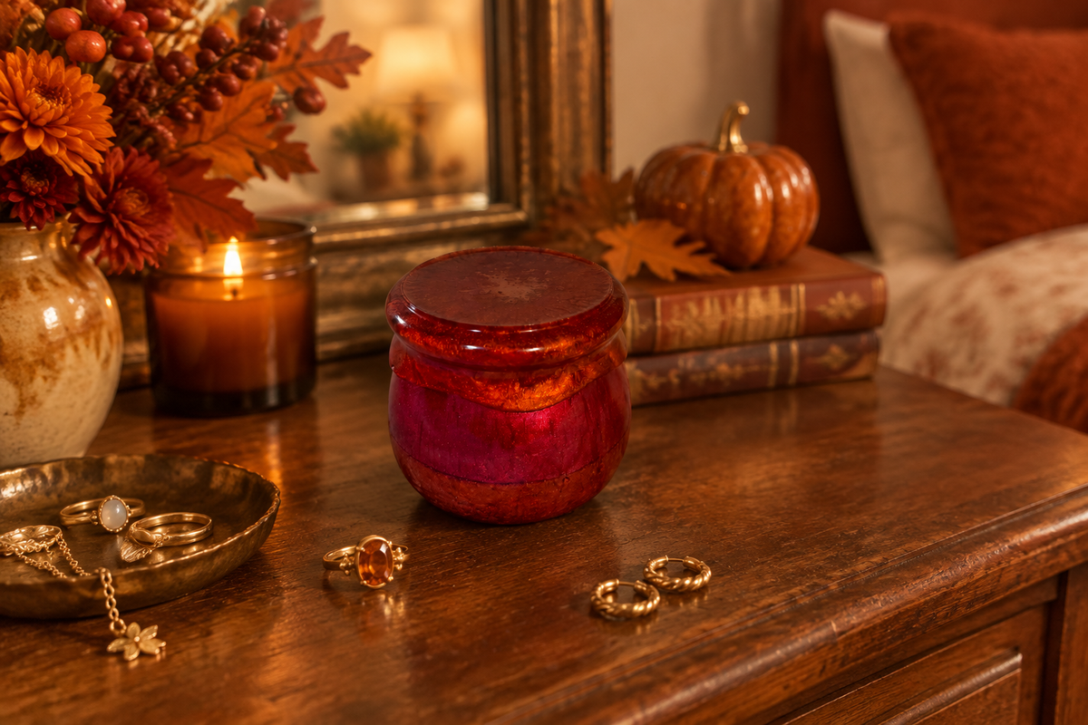 Dark rust resin pudding trinket jar on a wooden dresser with autumnal decor and jewelry