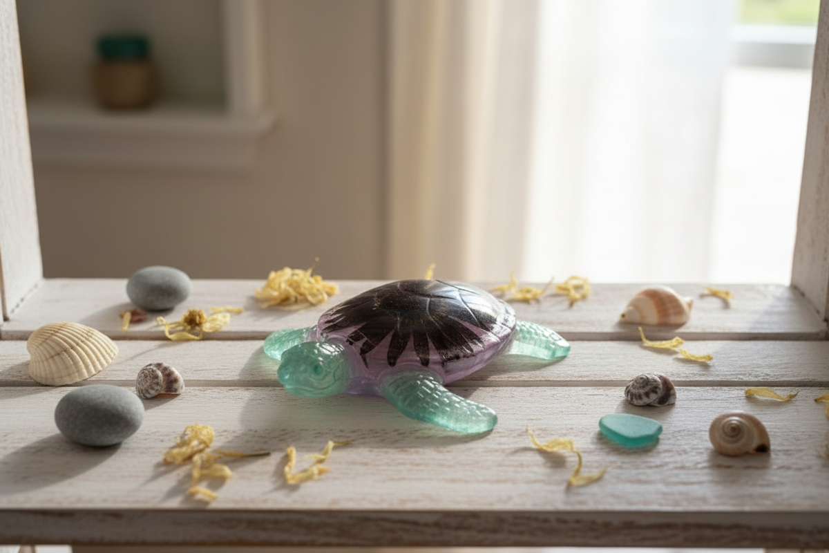 Handmade clear resin sea turtle figurine with translucent purple shell containing a dark black-eyed susan flower and teal green resin flippers, sitting on a light driftwood wooden shelf surrounded by seashells, smooth pebbles, sea glass, and dried yellow flower petals in warm coastal natural lighting