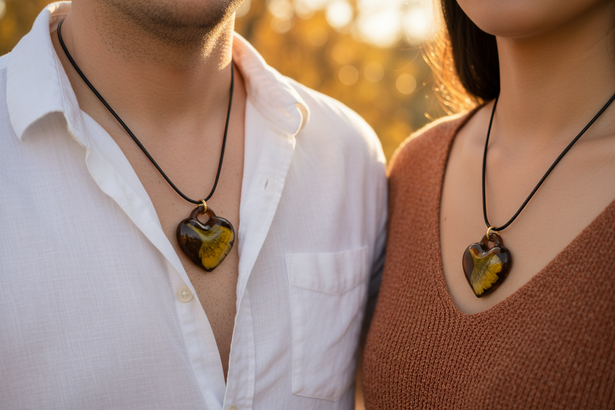 Man and woman both wearing matching handmade deep amber brown epoxy resin heart pendant necklaces with preserved golden ginkgo leaves inside on black wax cords with gold rings, pendants resting side by side against their chests in warm autumn lighting with golden foliage bokeh background