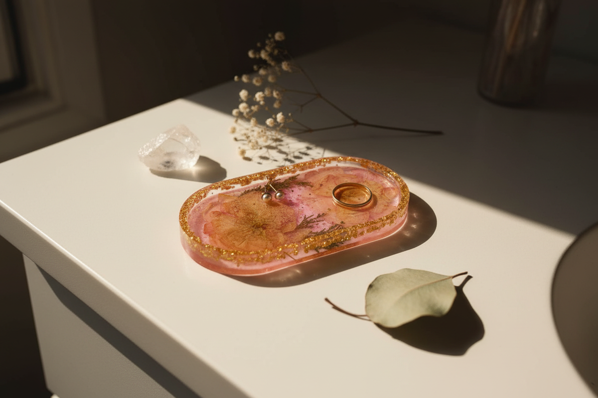 Small oval resin trinket tray with gold glitter border and soft pink and peach swirl resin interior with pressed larkspur and asparagus fern, styled on a cream vanity surface with gold ring, earrings, clear quartz crystal, baby's breath and eucalyptus leaf in warm natural light