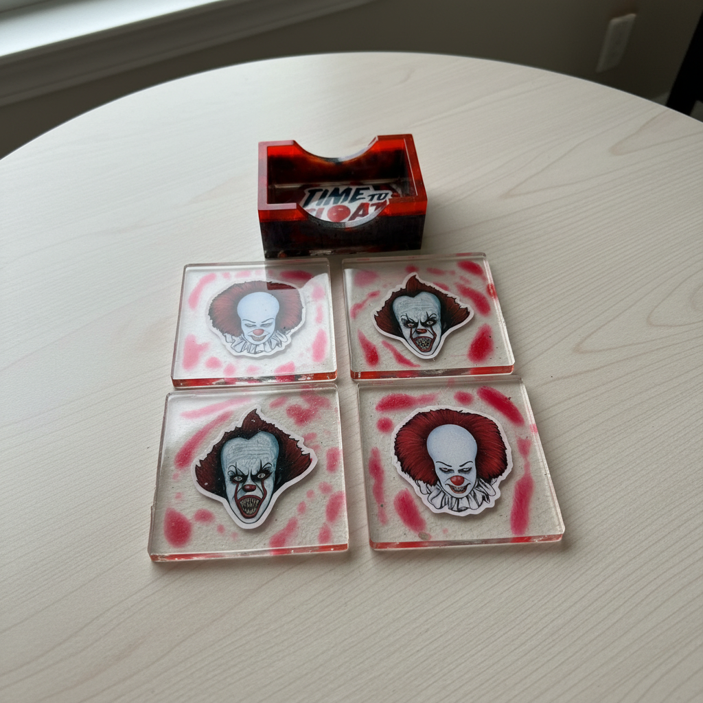 Flat-lay lifestyle photo of the IT Pennywise four-piece coaster set with cylindrical holder