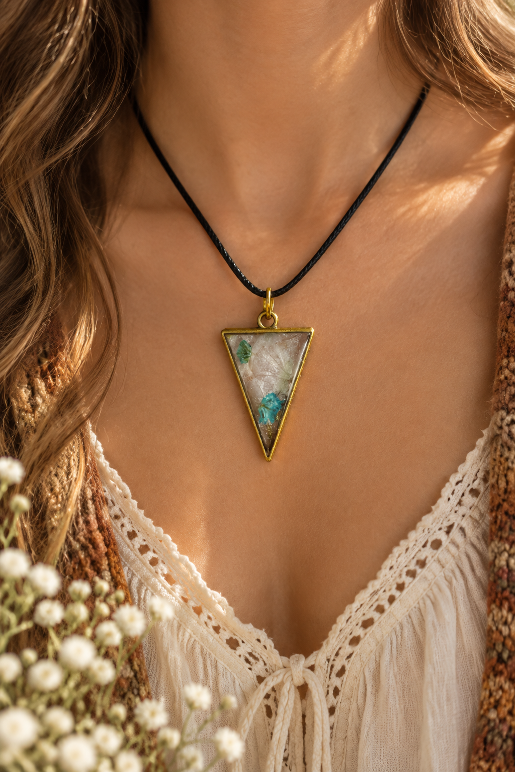 Model wearing gypsophila triangle resin pendant necklace with soft romantic natural light