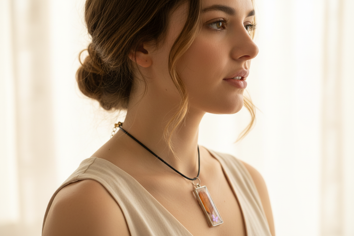 Lifestyle photo of a woman wearing a handmade rectangular open-bezel resin pendant with a real dried orange-brown Cotinus smokebush autumn leaf and a purple butterfly sticker in clear resin on an 18 in. black cord, in soft natural light