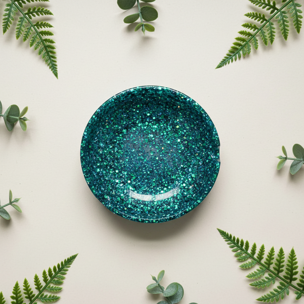 Flat-lay of a handmade round green and teal chunky glitter resin ashtray with reflective layered glitter and notched rim slots on a light neutral surface