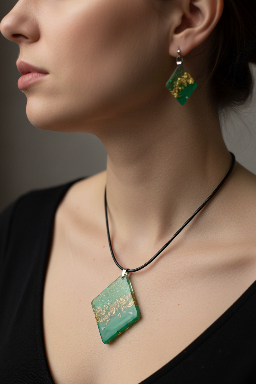 Lifestyle photo of woman wearing handmade emerald green and gold foil diamond resin jewelry set — geometric diamond pendant necklace on black cotton cord at collarbone and matching diamond drop earrings, catching light in soft natural setting