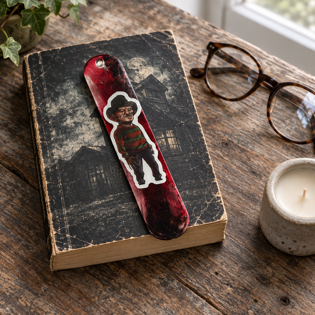 Freddy bookmark on a vintage book beside reading glasses and a candle