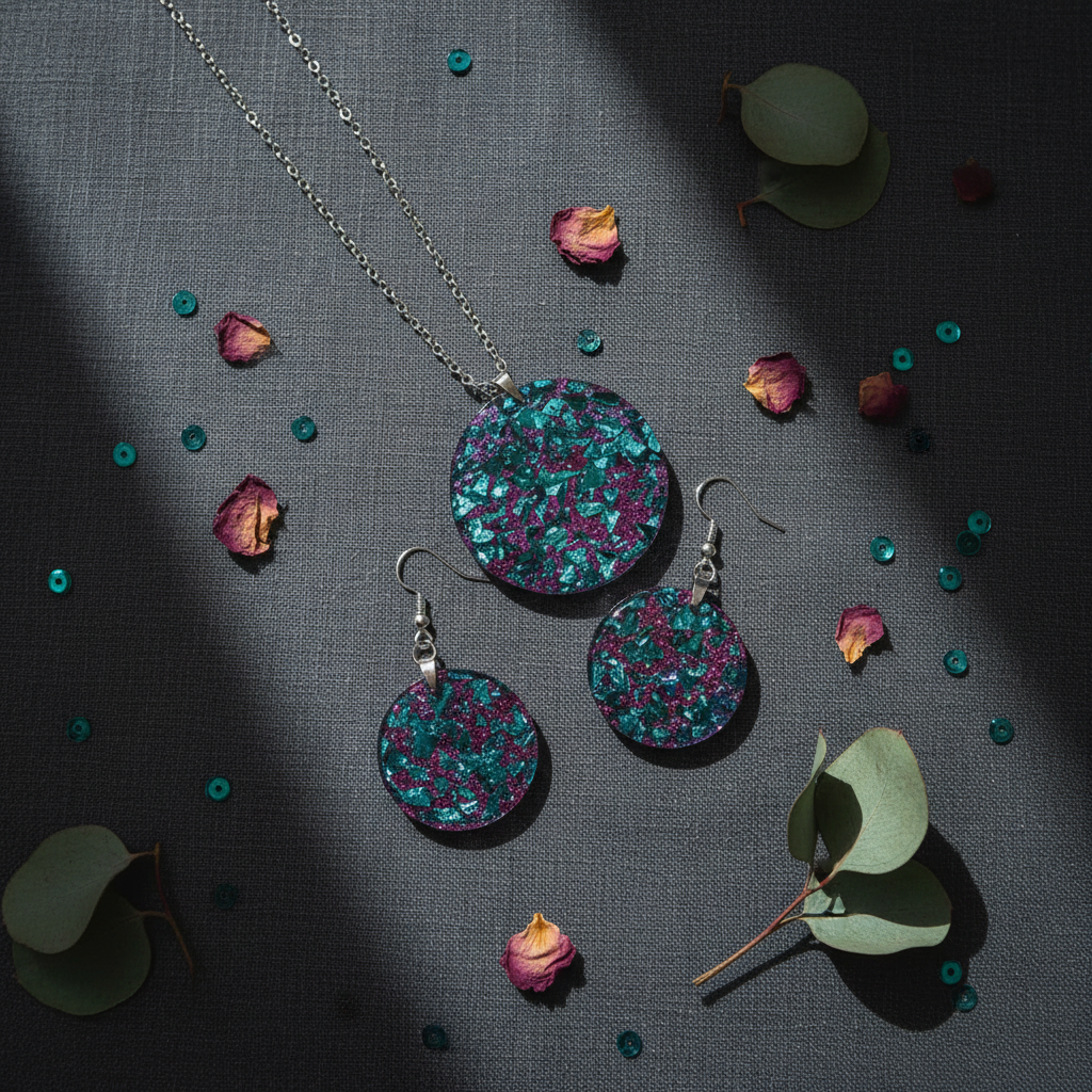 Overhead flat lay of handmade teal and pink mosaic resin circular jewelry set on dark charcoal linen — round pendant necklace and matching dangle earrings surrounded by teal sequins, pink flower petals, and eucalyptus leaves