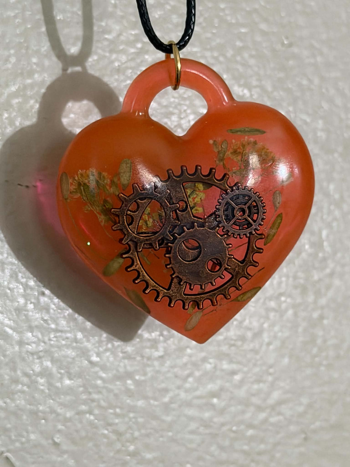 Steampunk Orange Heart Resin Pendant Necklace