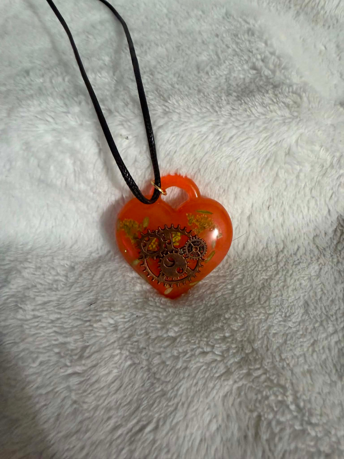 Steampunk Orange Heart Resin Pendant Necklace