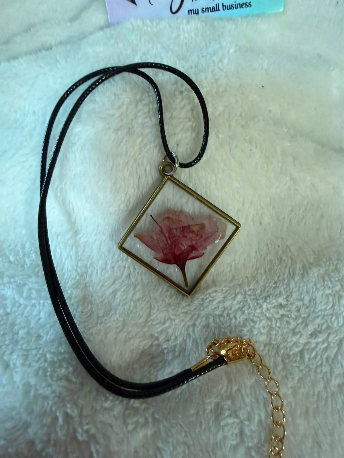 Pressed Rosebud Resin Diamond Bezel Pendant Necklace