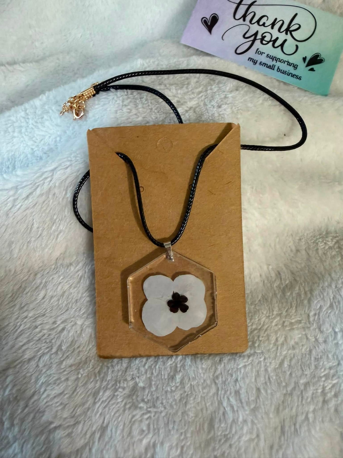 Pressed White Remembrance Poppy Hexagon Pendant Necklace
