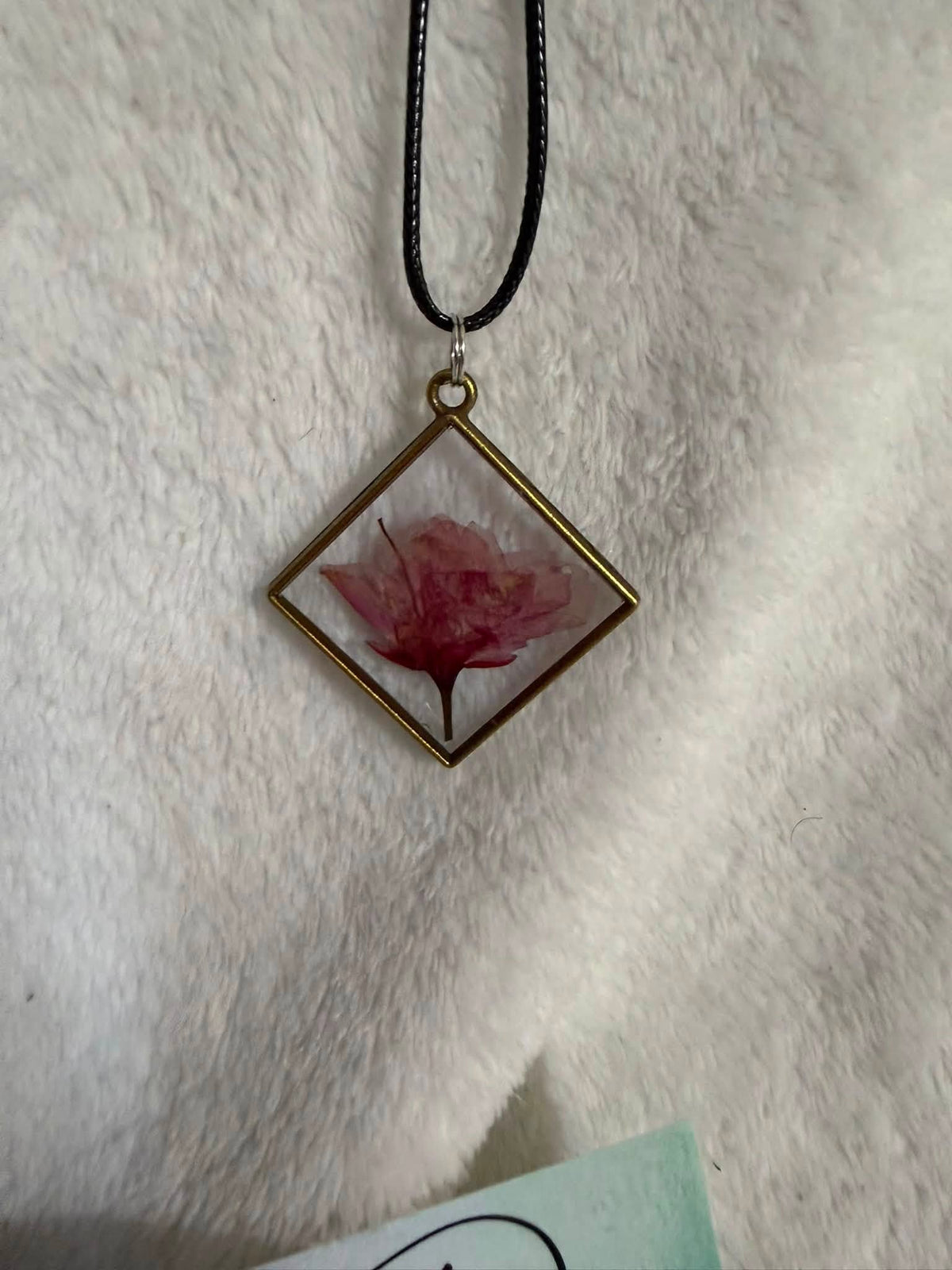 Pressed Rosebud Resin Diamond Bezel Pendant Necklace
