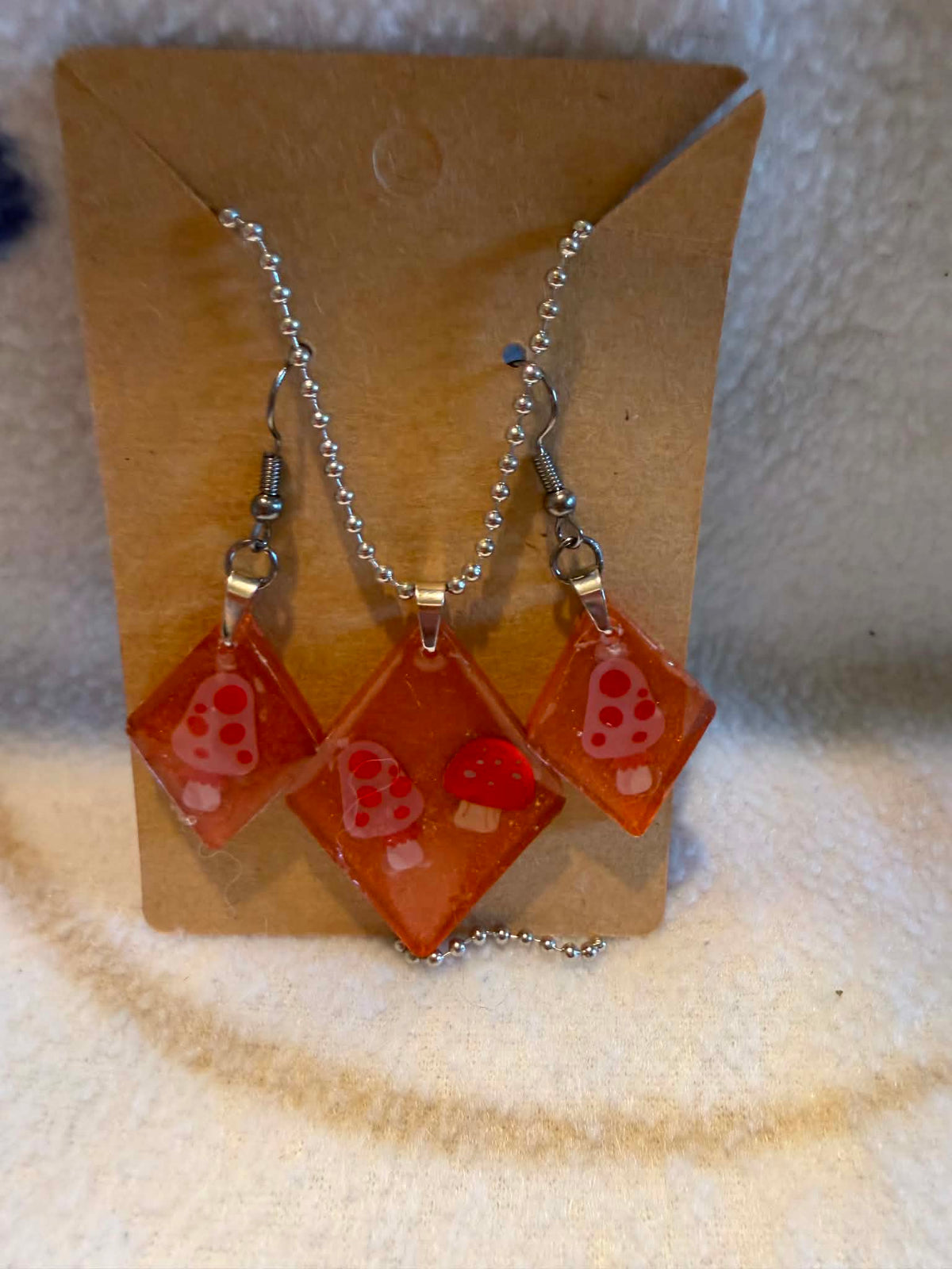 Rustic Orange Mushroom Diamond Resin Jewelry Set
