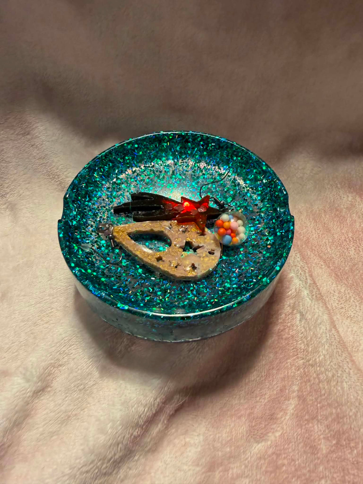 Green & Teal Chunky Glitter Round Ashtray