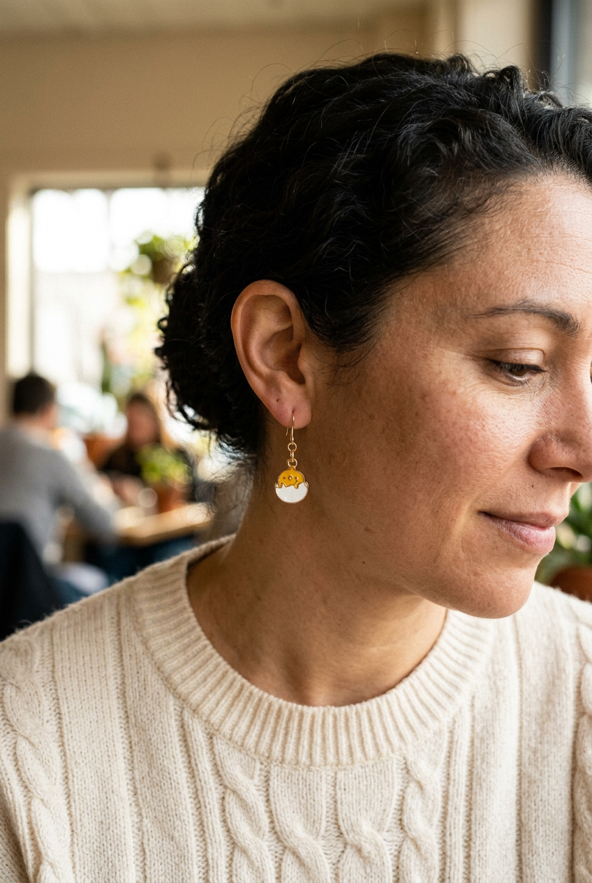 Close-up lifestyle portrait wearing a chick earring in a café setting