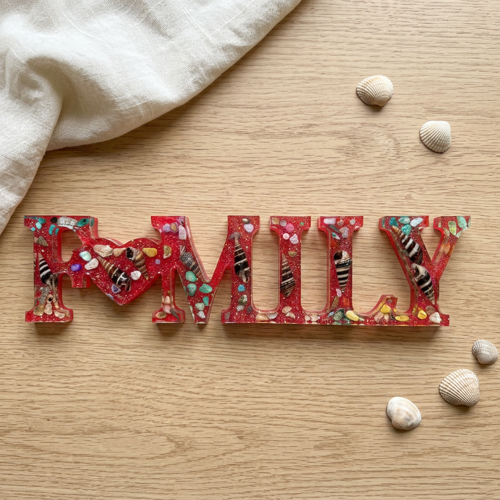 Coastal flat-lay lifestyle image of the seashell FAMILY resin decor