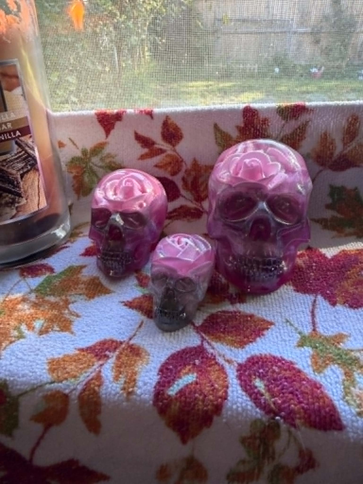 Pink Roses & Pink-Purple Resin Skulls (Set of 3)
