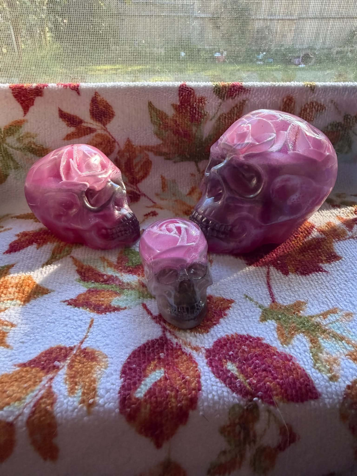 Pink Roses & Pink-Purple Resin Skulls (Set of 3)