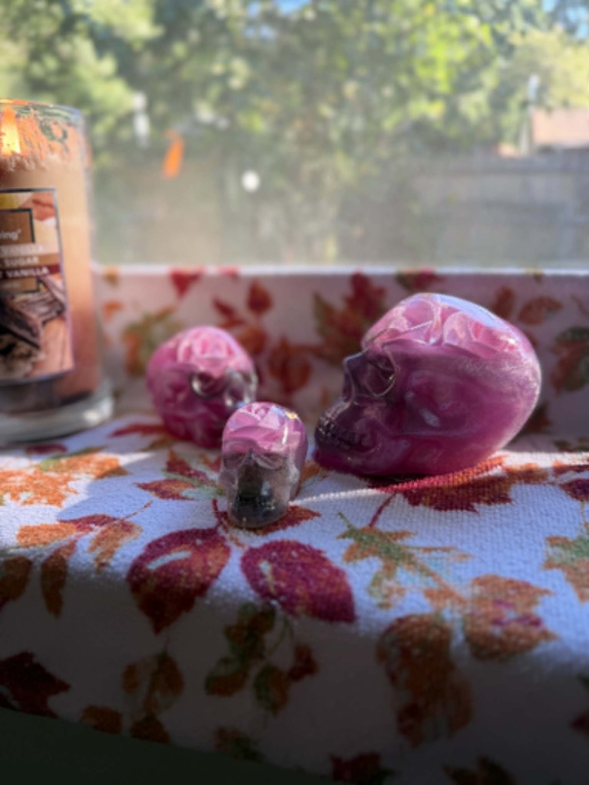 Pink Roses & Pink-Purple Resin Skulls (Set of 3)
