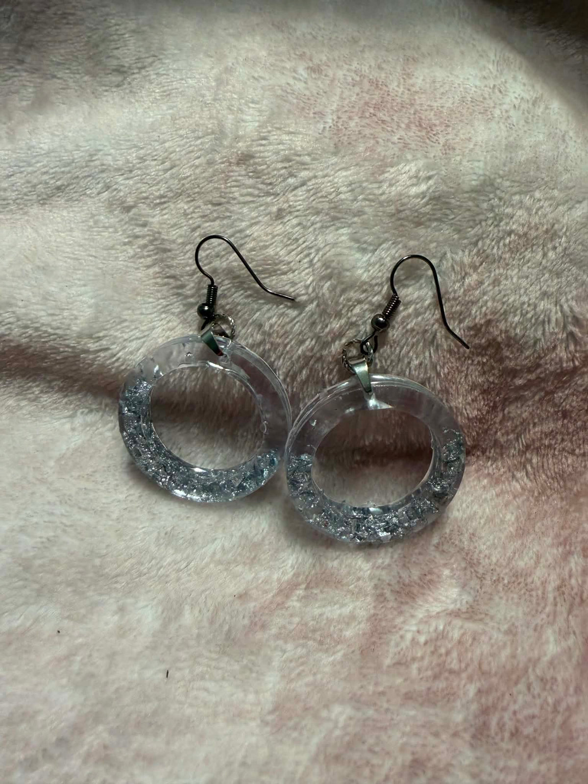 Medium Clear & Silver Foil Hoop Dangle Earrings