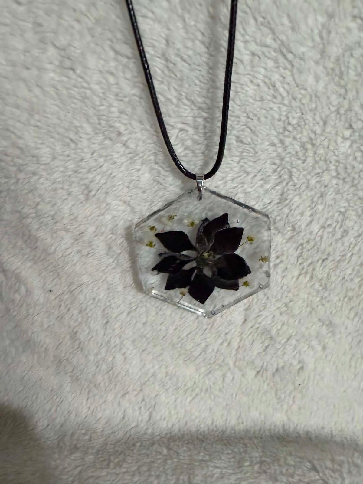 Pressed Pansy Resin Hexagon Pendant Necklace