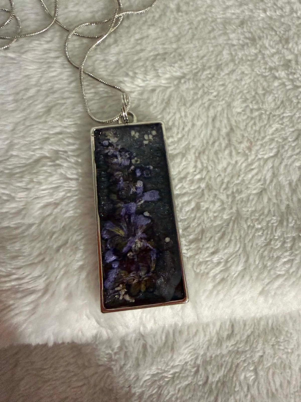 Pressed Larkspur Resin Rectangle Bezel Pendant Necklace