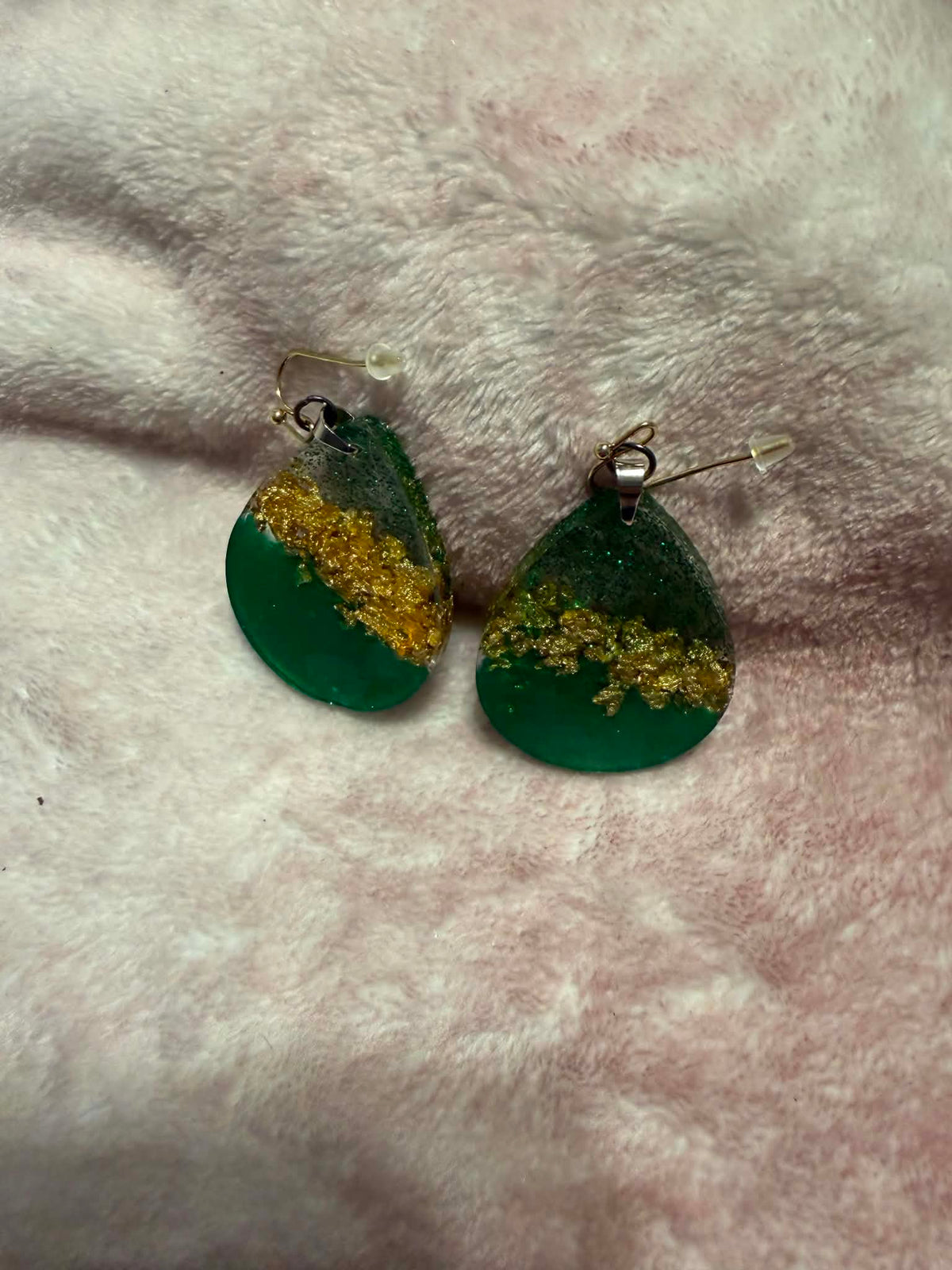 Green & Gold Foil Teardrop Resin Dangle Earrings