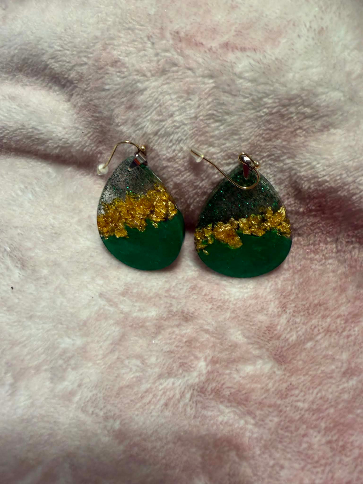 Green & Gold Foil Teardrop Resin Dangle Earrings