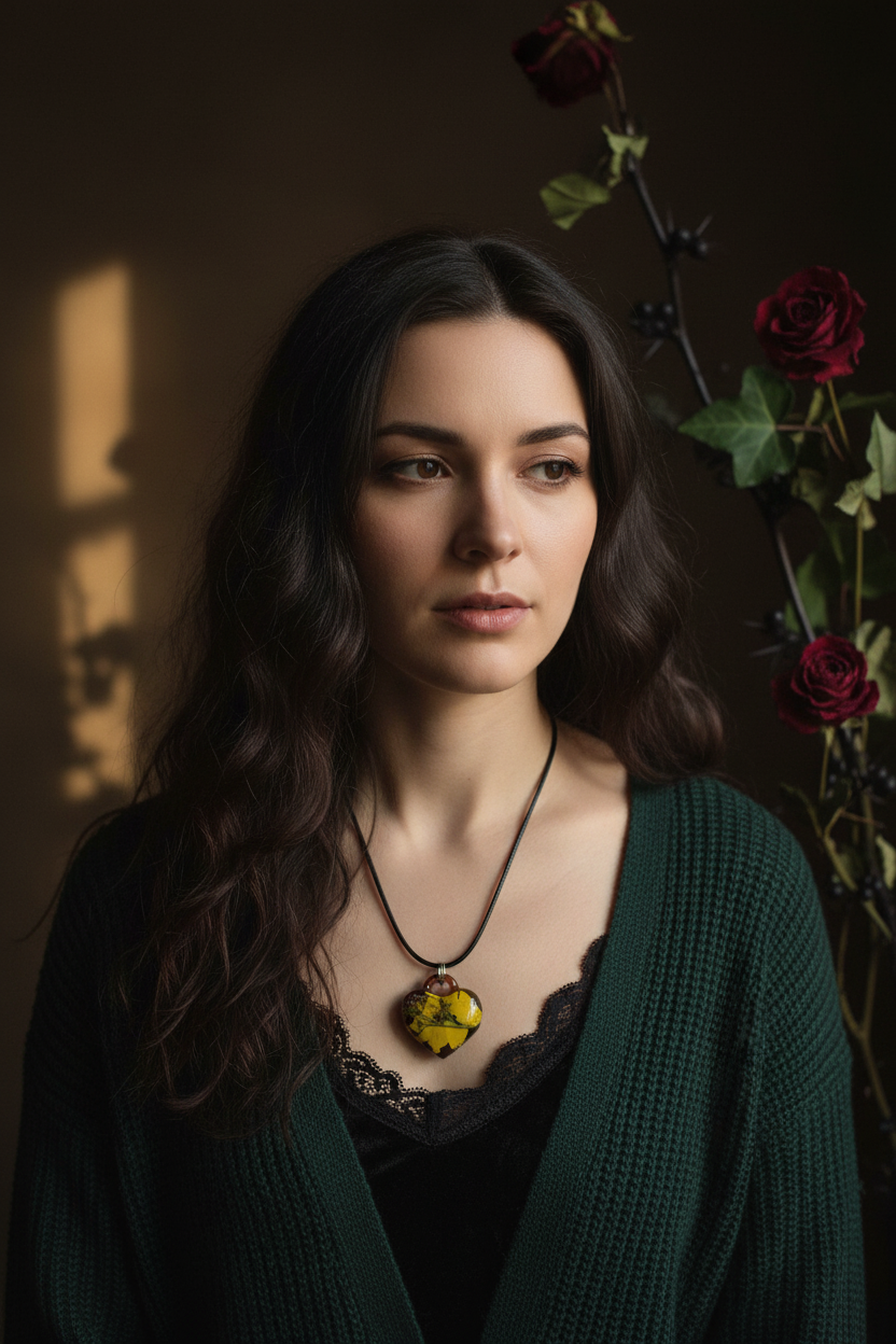 Lifestyle photo of autumn heart resin pendant necklace with yellow botanicals worn around neck