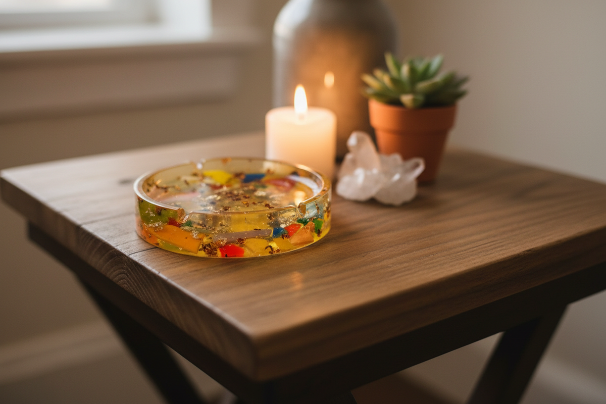 Handmade amber epoxy resin ashtray with colorful glass shard mosaic terrazzo effect styled on a wooden desk with a lit candle, crystals, and a succulent plant in warm ambient light
