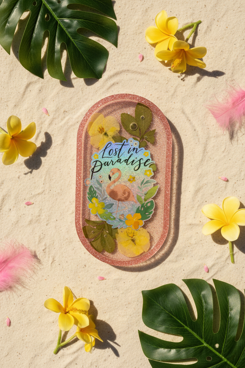 Lifestyle flat lay of flamingo resin trinket tray with pink glitter rim and Lost in Paradise sticker on sandy surface surrounded by tropical leaves, yellow flowers, and pink petals