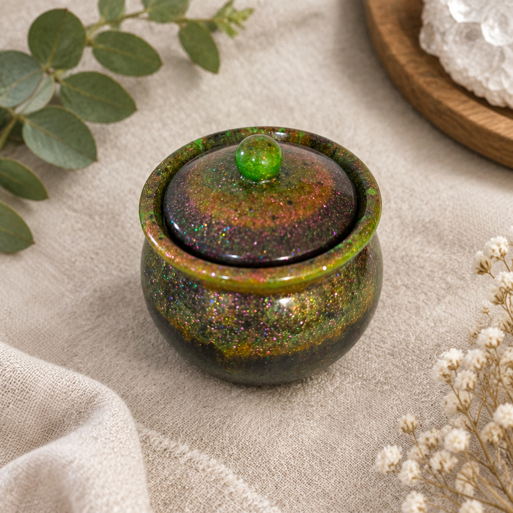 Green, gold, and black glitter swirl cauldron trinket jar with lid shown flat on linen with greenery