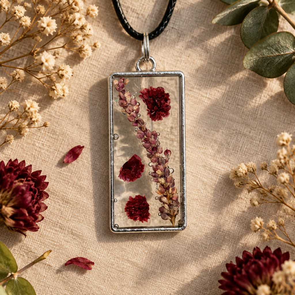 Flat lay lifestyle photo of the silver bezel pressed-flower pendant necklace