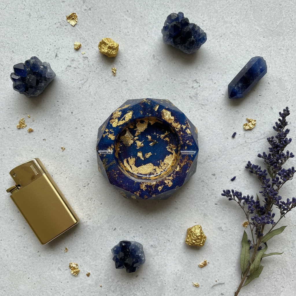 Overhead flat lay of handmade deep navy blue and gold foil octagonal epoxy resin ashtray on light grey stone surface, styled with gold leaf fragments, dark blue crystals, lighter, and dried botanicals