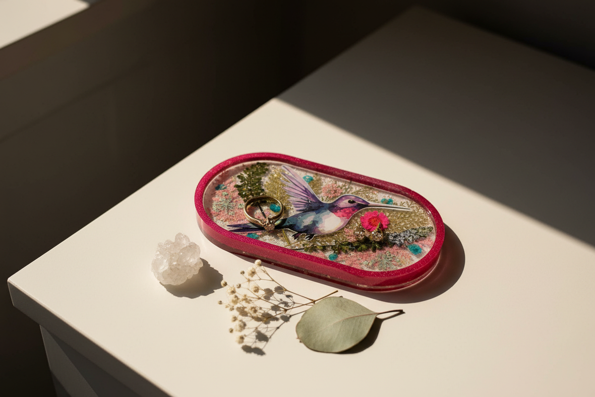 Small oval resin trinket tray with hot pink glitter border and clear resin interior featuring a hummingbird illustration with pressed macho fern, pink gerbera daisy and teal flowers, styled on a cream vanity surface with gold ring, earrings, clear quartz crystal, baby's breath and eucalyptus leaf in warm natural light