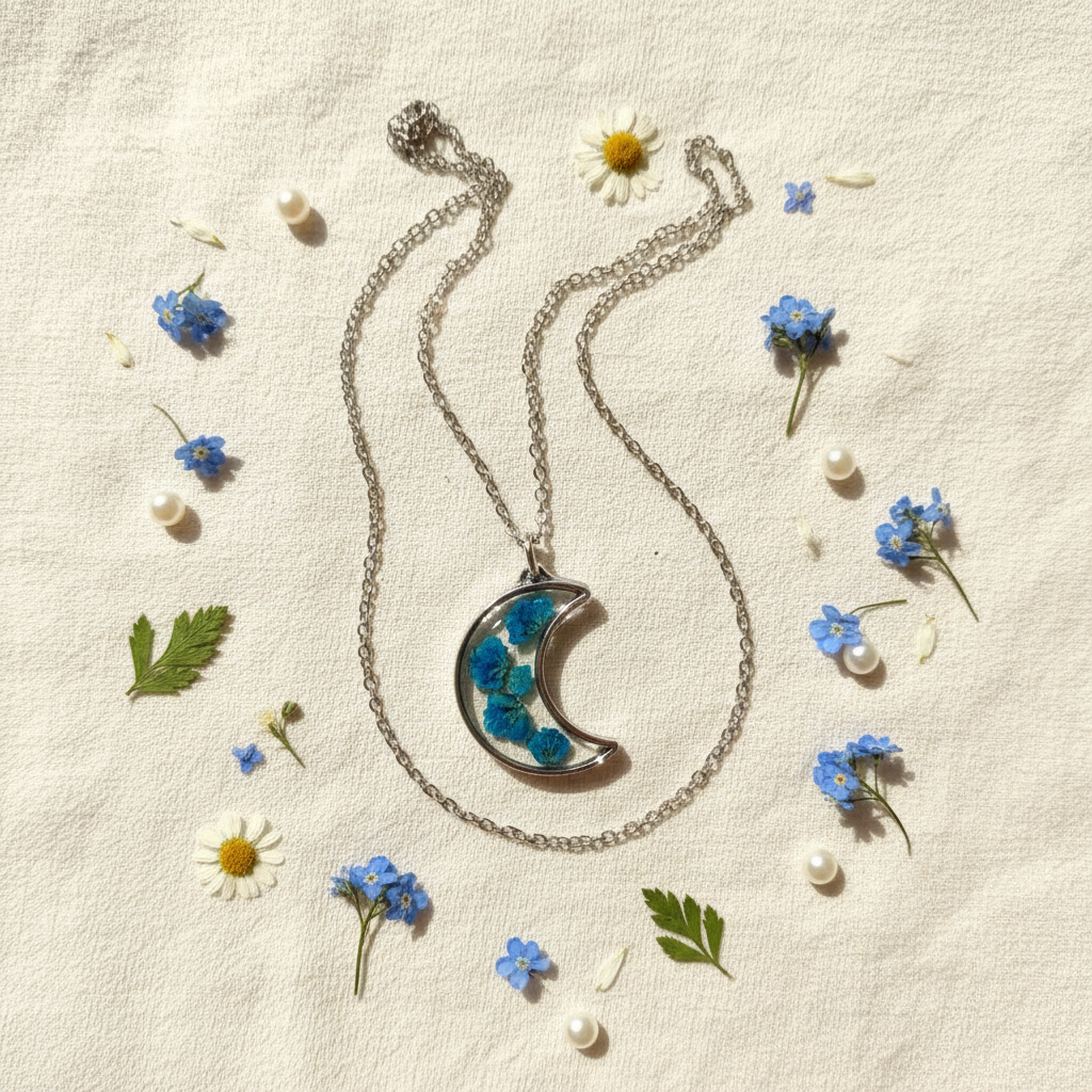 Romantic botanical flat lay of handmade silver crescent moon pendant necklace with pressed blue forget-me-not flowers on cream linen, surrounded by dried wildflowers, green leaves, and pearls