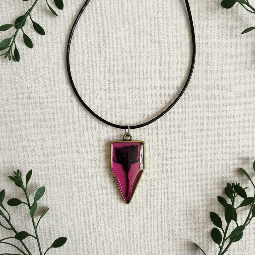 Flat-lay of a handmade shield-shaped resin necklace with glossy dark pink and magenta resin, a compressed black rose blossom center, gold-tone border, and black cord, styled on cream linen