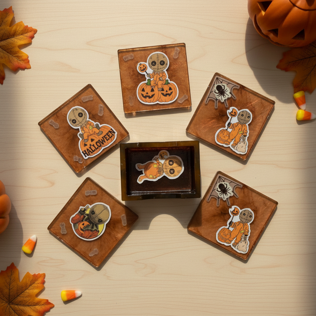 Flat-lay lifestyle photo of a Trick 'r Treat Sam four-piece coaster set with amber-brown resin holder