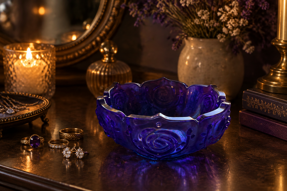 Deep purple and blue resin lotus petal trinket bowl on a moody dark wood vanity with candlelight and jewelry