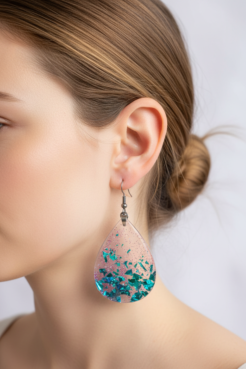 Close-up lifestyle photo of handmade teardrop resin earrings with chunky teal and blue confetti in translucent pink resin worn on ear in soft natural light against pale background