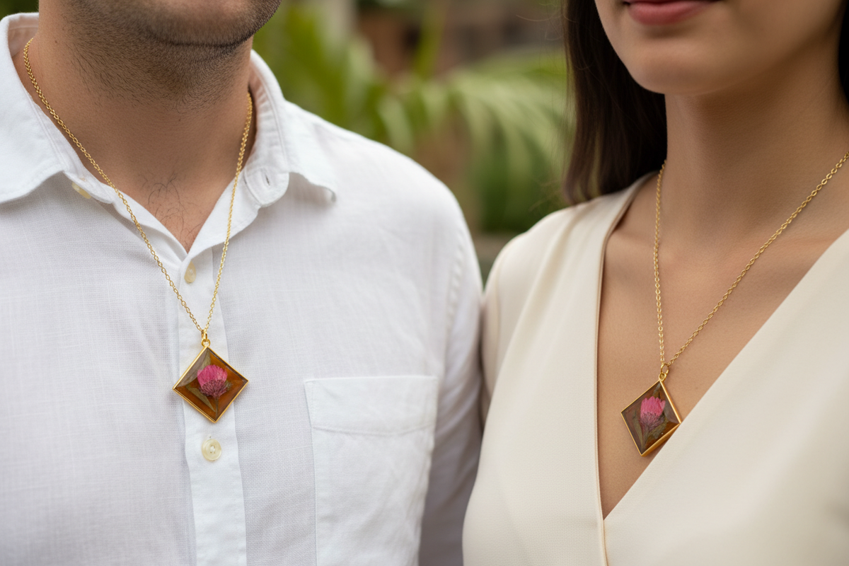 Man and woman both wearing matching handmade pink globe amaranth dried flower resin diamond pendant necklaces in gold frames on gold chains, resting against their collarbones side by side in soft diffused natural light, showcasing unisex appeal